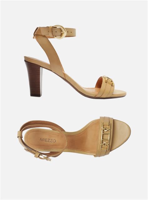 Sandália Nude Arezzo Couro Salto Bloco Peça Metal ZZ MALL