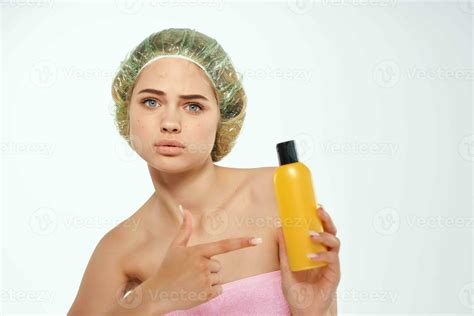 Woman With Pink Towel Nude Ringlets Cream Skin Care Light Background 22519758 Stock Photo At