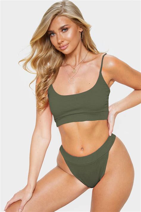 Lailah Women S Straps Two Piece Knit Textured Crop Bikini Swimsuit Green Amber Millet