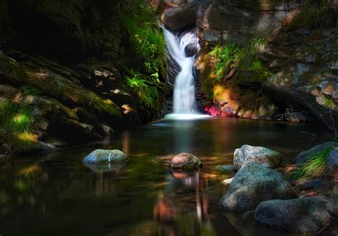 Wallpaper Landscape Lights Forest Waterfall Rock Nature