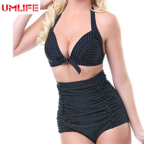 Umlife Sexy High Waist Swimsuit Women Retro Vintage Pinup Rockabilly Swimwear Push Up Bikini Set