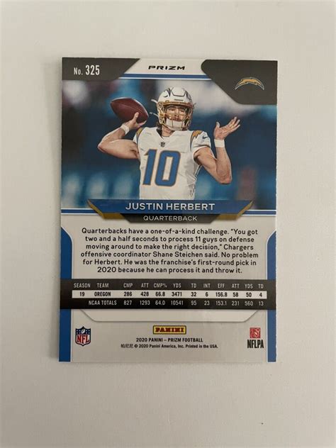 2020 Panini Prizm JUSTIN HERBERT Silver Prizm RC 325 Rookie RC