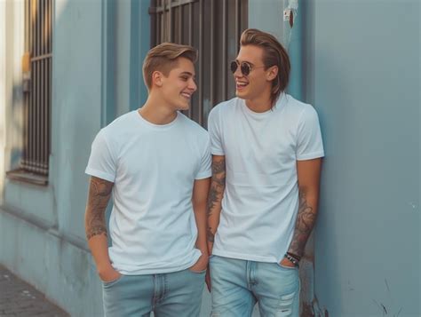Premium Photo A Gay Couple Wearing Blank White Matching Tshirts Mockup For Design Template In