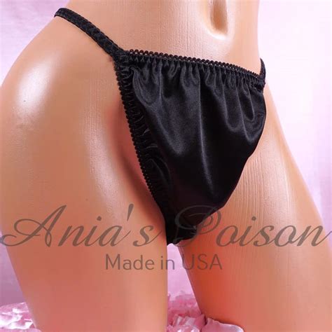 Anias Sissy Cheeky Black Satin String Bikini Satin Gusset Shiny Wetlook Mens Panties Sz S M