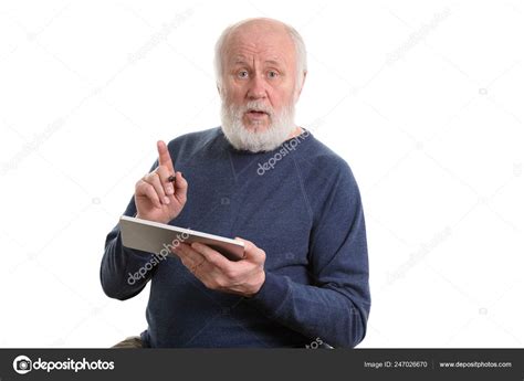 Funny Old Man Using Tablet Computer Isolated On White Stock Photo By