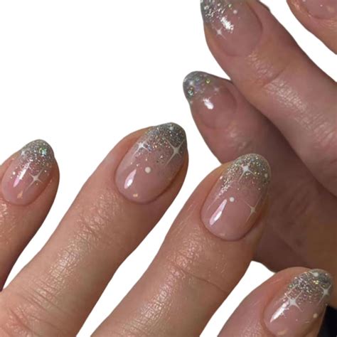 Buy Mouyouglow Short Round Nude Pink Silver Glitter Press On Nails Full Cover Artificial Nails