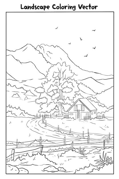 Premium Vector Coloring Page Of Village Landscape Illustration