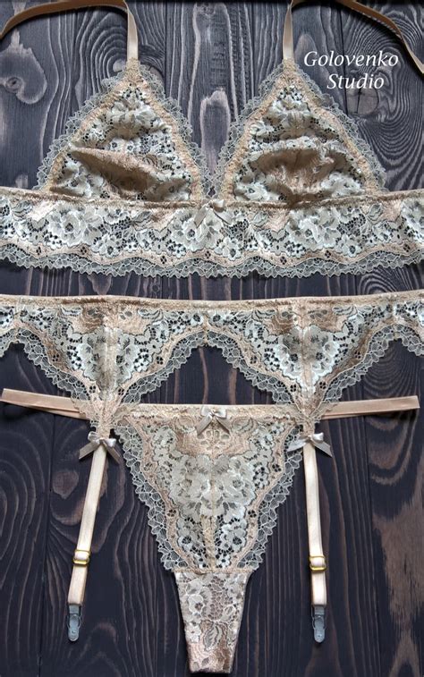 Beige Garter Belt Lingerie Set Sexy Lingerie Beige Boudoir Etsy