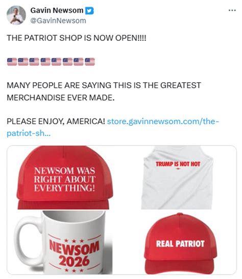 Gavin Newsom launches parody 'Patriot' merch shop mocking Trump