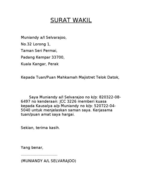 Contoh Surat Wakil Syarikat