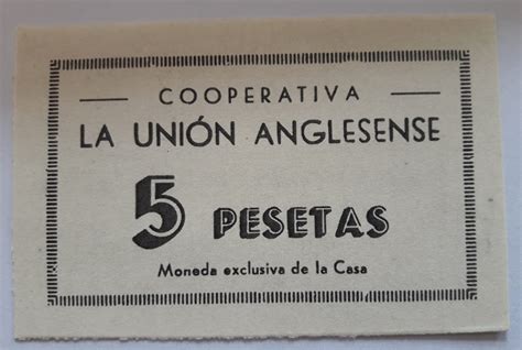 5 Pesetas La Unión Anglesense Cooperative square stamp Commune d