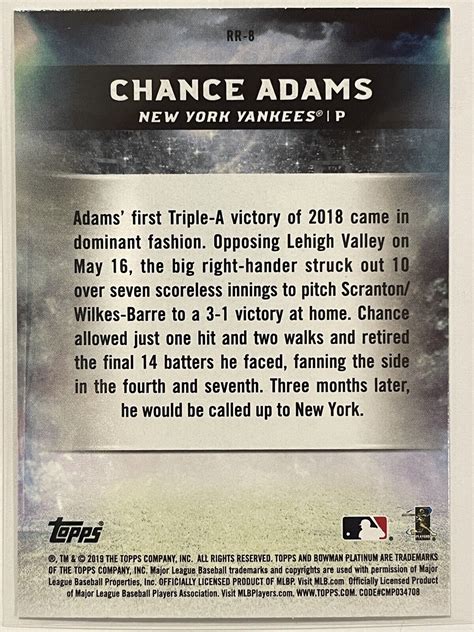 2019 Bowman Platinum Chance Adams Renowned Rookies RC RR 8 Baseball