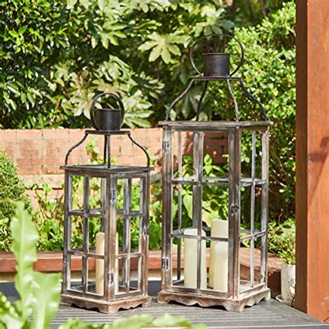 Glitzhome Farmhouse Wood Metal Lanterns Decorative Hanging Candle Lanterns Set Of 2 No Glass