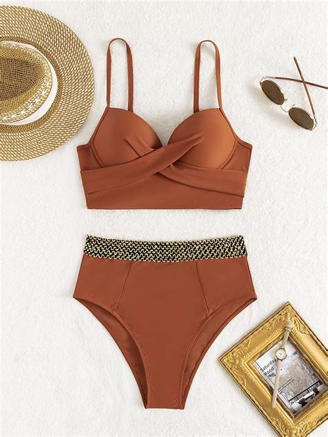 Shein Swim Chicsea Solid Stitch Detail Push Up High Waisted Bikini Swimsuit Shein Usa