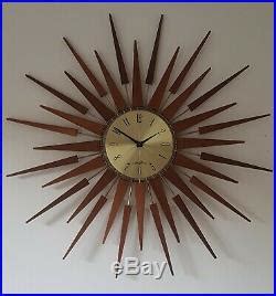 Huge Vintage Seth Thomas Teak Sunburst Starburst Wall Clock Retro