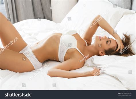 Beautiful Sexy Woman White Lingerie Bed Stock Photo Edit Now 695975749