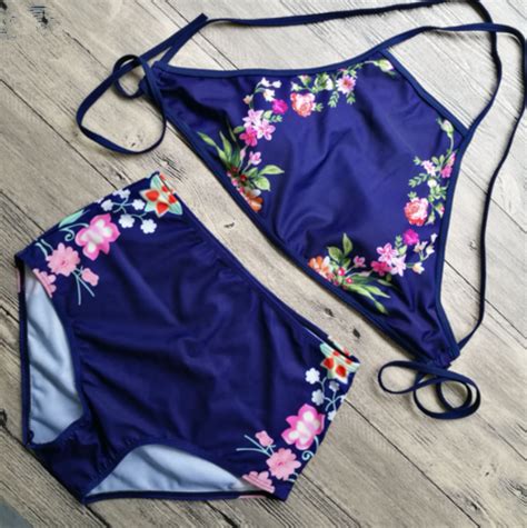 Navy Blue Side Flower Print High Neck Knot Back Polyline Two Piece Bikini On Luulla