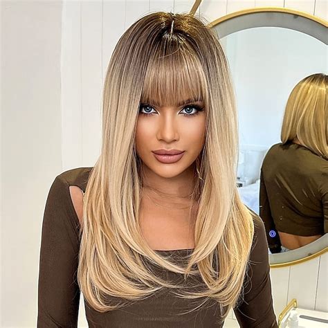 Long Blonde Wigs For Women Straight Synthetic Layered Wig With Bangs And Dark Roots