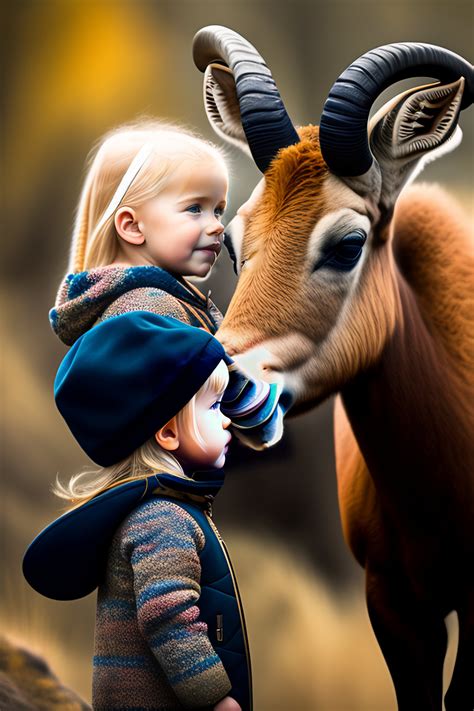 Lexica 3 Year Old Blonde Girl With A Hat Talking To A Cute Ibex Photorealistic