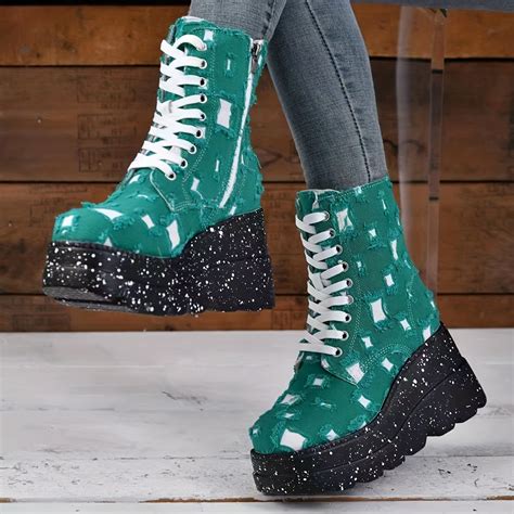 Platform Wedge Boots Women S Ripped Detail Lace Denim Temu Canada