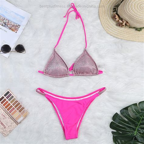 Women Two Piece Swimsuit Sexy Beachwear Solid Halter String Triangle Bikini Thong Bathing Sets
