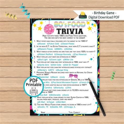 1980s Food Trivia Questions Game Birthday Activity 80s Food Trivia Quiz
