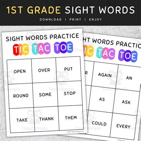 1st Grade Sight Words Tic Tac Toe Game Practice Worksheets By Teach Simple