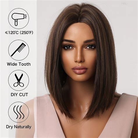 Allbell Brown Bob Wig With Blonde Highlights Short Straight Synthetic