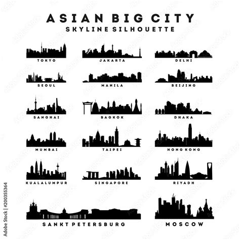 Collection of Asian Big City Skyline Silhouette Vector Stock Vector ...