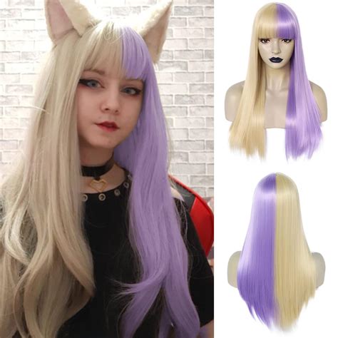 Anogol Wig Caphalf Blonde Wig Half Purple Wigs For Women Girls Purple Blonde Wig