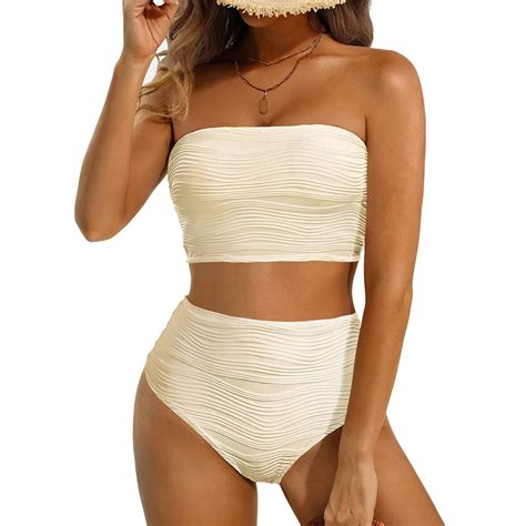 High Waisted Bandeau Bikini Set Women Strapless Two Piece Swimsuits Ribbed Longline Full