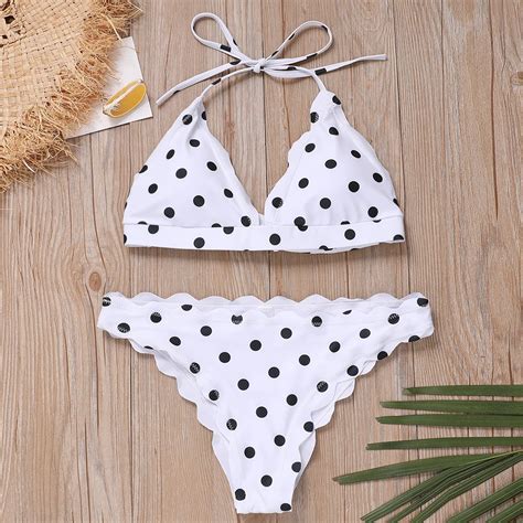 Women Push Up Padded Bra Swimwear Polka Dot Bandage Bikini Set White And Black Swimsuit Triangle
