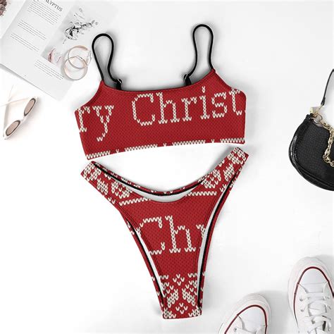 Merry Christmas Fair Isle Knitting 2 Piece High Cut Bikini Swimsuit Women Wireless High Waist