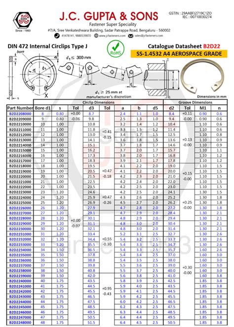 Internal Circlips Type B DIN 472 Stainless Steel 1 4543 Aerospace Grade