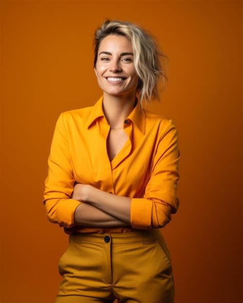 Retrato De Mujer Sonriente En Camisa Anaranjada Y Pantal N