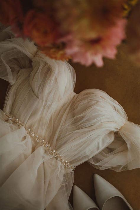 Nude Bohemian Tulle Off Shoulder Wedding Dress