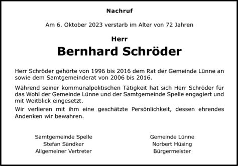 Traueranzeigen Von Bernhard Schr Der Noz Trauerportal