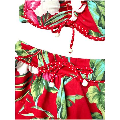 Coquette Red Floral Polka Dot Japanese 3 Piece Bikini Set Flutter Vintage