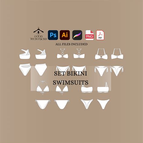 Set Bikini Swimsuit Tech Pack Template Swimsuit Blank Vector Tech Pack Illustrator Streetwear