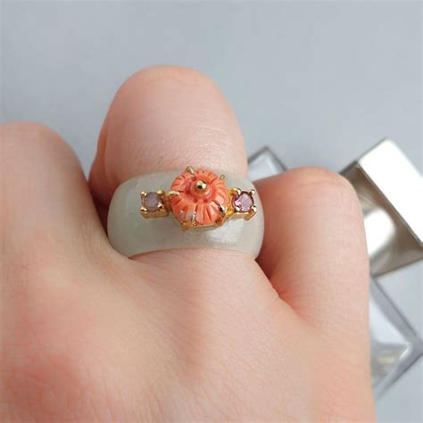 US 8 5 9 Jade Band Ring With Coral NASCHENKA Traditional Korean Hanbok