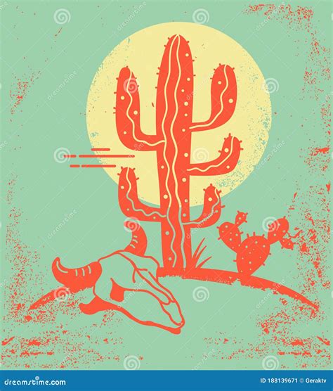 Desert Landscape with Cactuses and Cow Skull. Vintage Arizona Desert