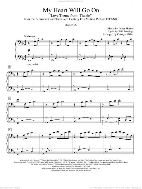 Miller My Heart Will Go On Love Theme From Titanic Sheet Music For Piano Four Hands