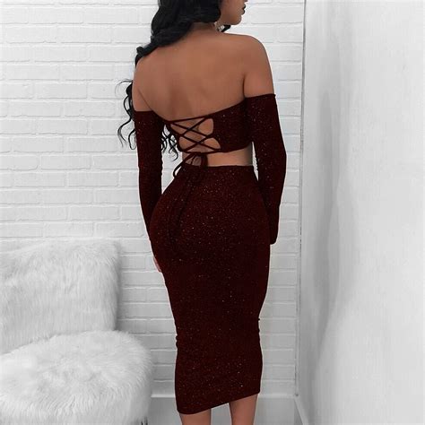 Hot Sexy Bandage Elastic Top Skirt 2 Piece Set Women Costume Long Sleeve Party Dress Nightclub