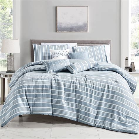 Chezmoi Collection 7-Piece King Comforter Set, Blue White Striped ...