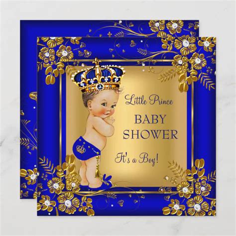 Prince Boy Baby Shower Gold Blue Brunette Invitation Zazzle