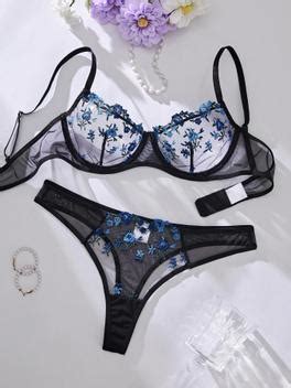 Conjunto De Lingerie Semi Transparente Sexy Bordado Floral Suti E Calcinha Para Dormir