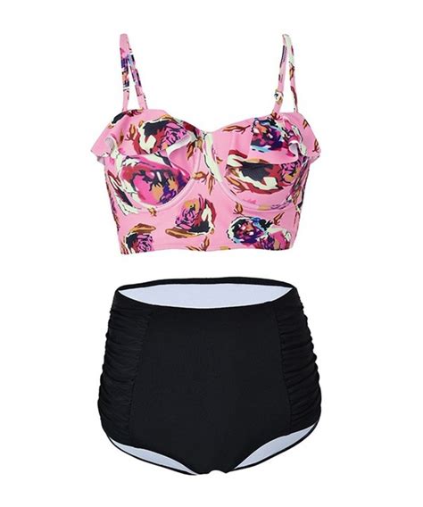 Women S Vintage High Waist Swimsuit Bikini Set Push Up Bathing Suit Pink C Uqe