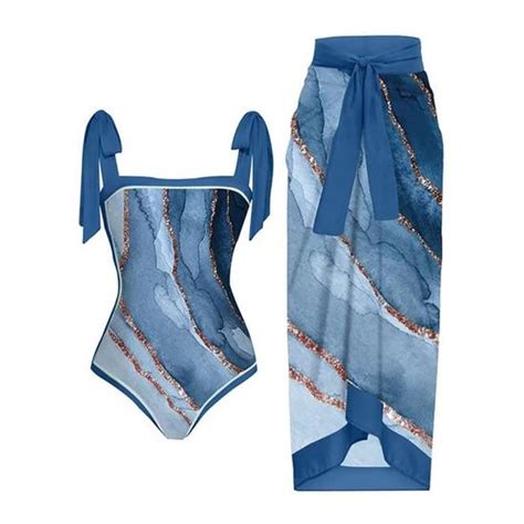 Maillot De Bain Une Pi Ce Bikini Maxi Robe Deux Pi Ces En Mousseline Lacets Bleu A Bleu