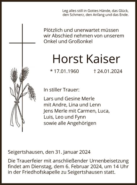 Traueranzeigen Von Horst Kaiser Trauer HNA De