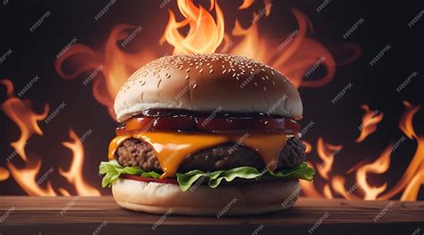 Premium Ai Image Burger With Fire Flames In Black Texture Background